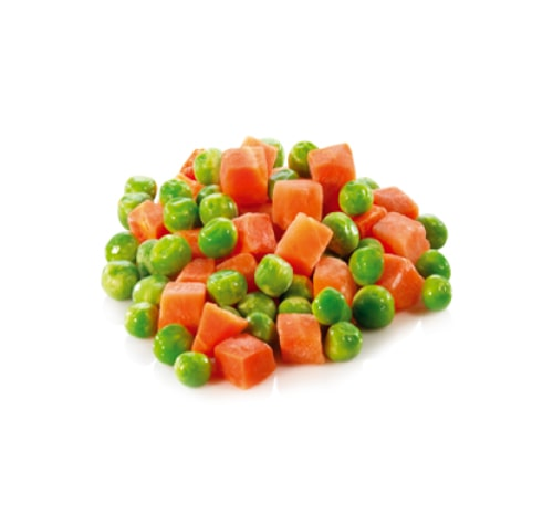A mixture of peas, carrots and frozen corn